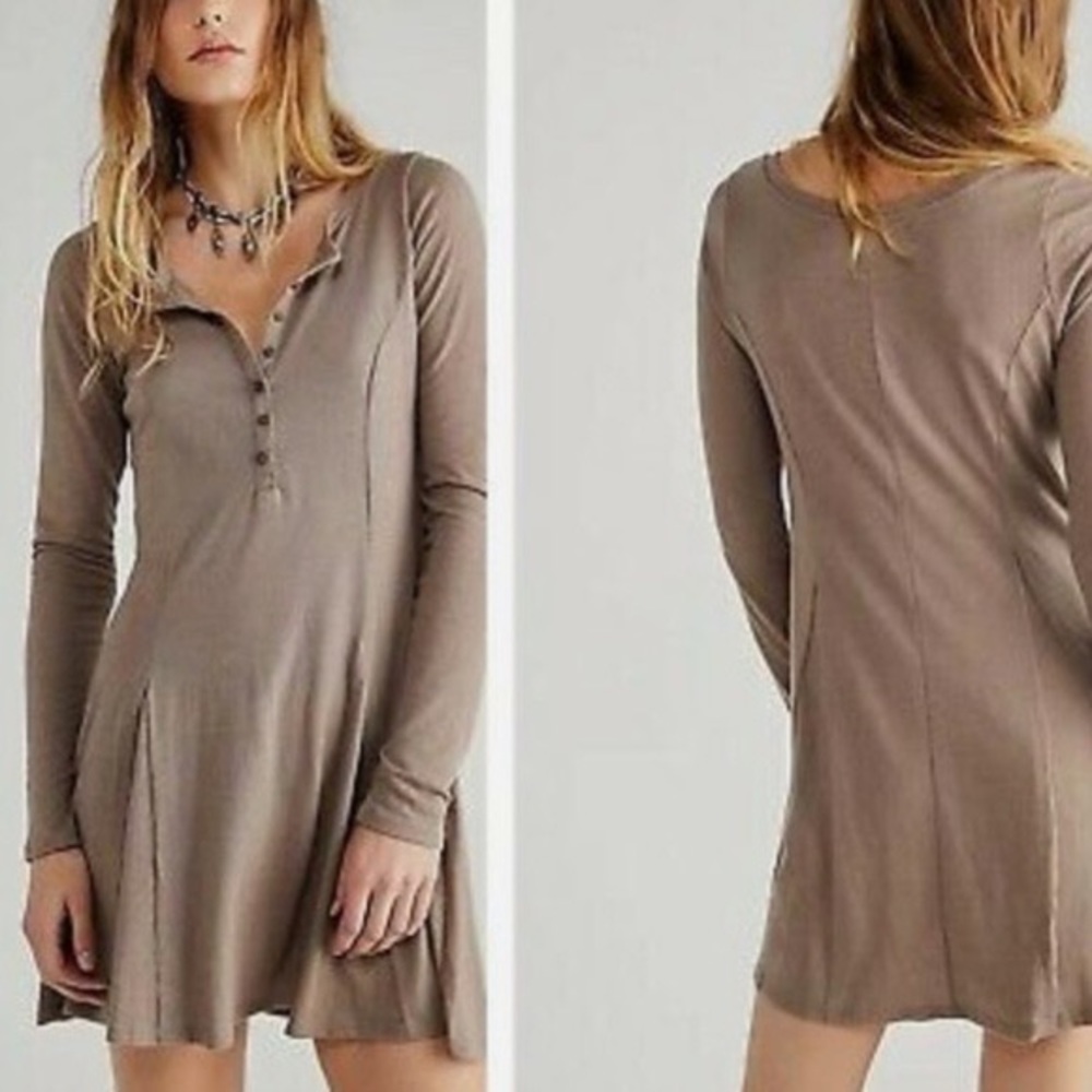 Free People Taupe Long-Sleeve Henley Mini Dress